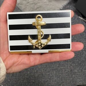 Striped metal business Card Holder with Gold Diamond Anchor